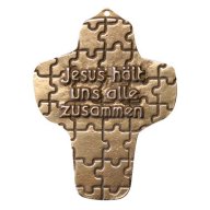 Kreuz Jesus hält uns alle zusammen, Bronze, 9 cm. Zur Anzeige der Produktdetails bitte anklicken.